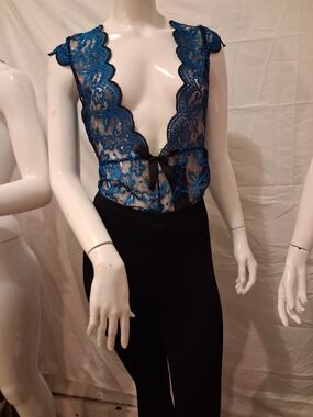 Blue Lace Plunge Bodysuit with Ribbon Tie
